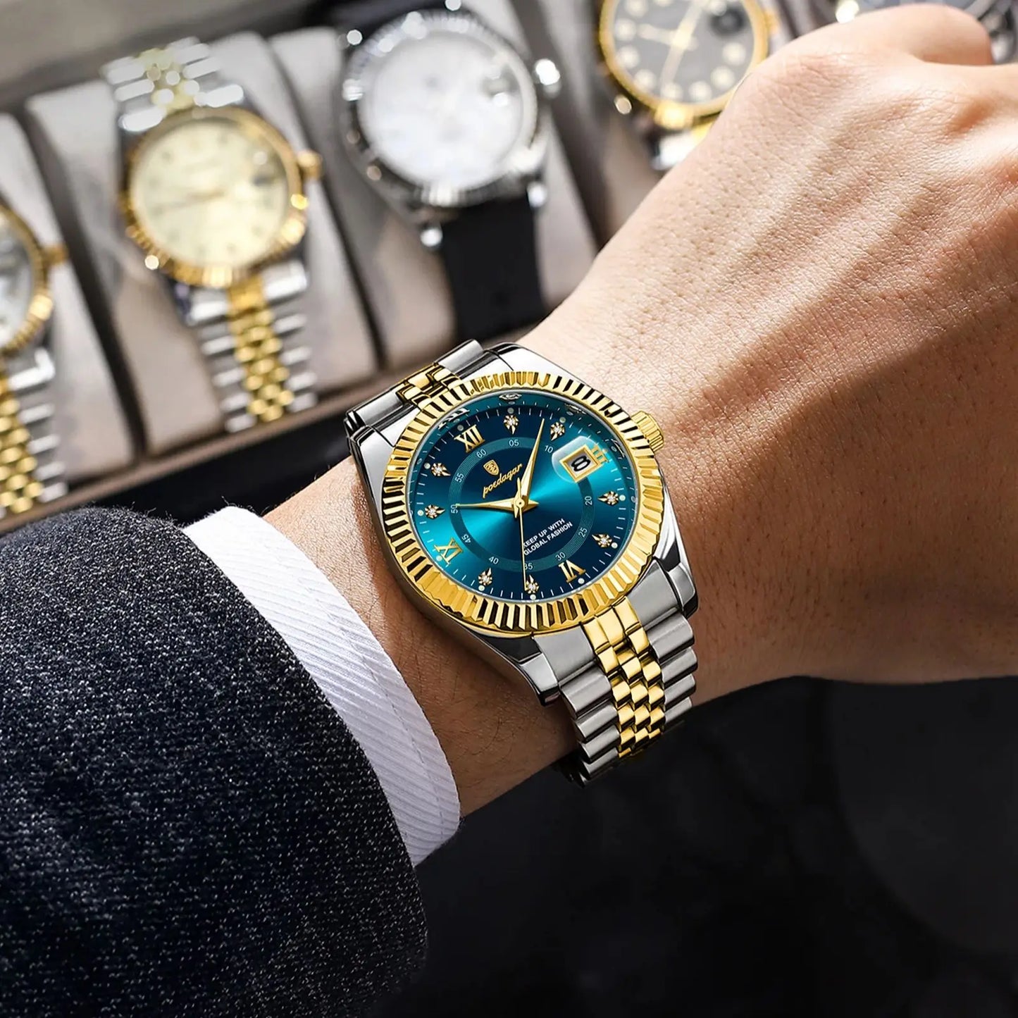 Relógio Esportivo Dourado Com Azul, A Prova D'água
